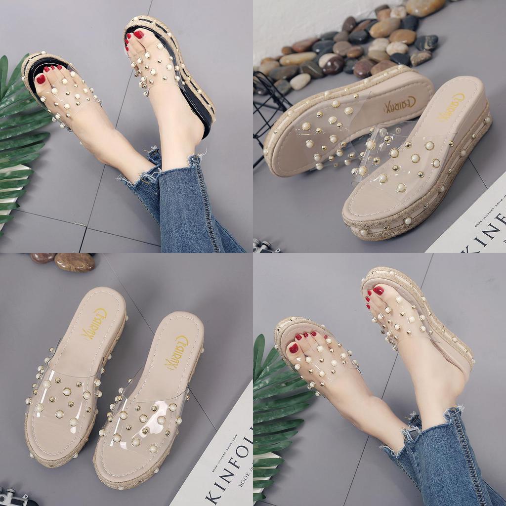 Elegant Women Pearl High-heeled Slippers With Grass Thick-soled Outdoor Sandals