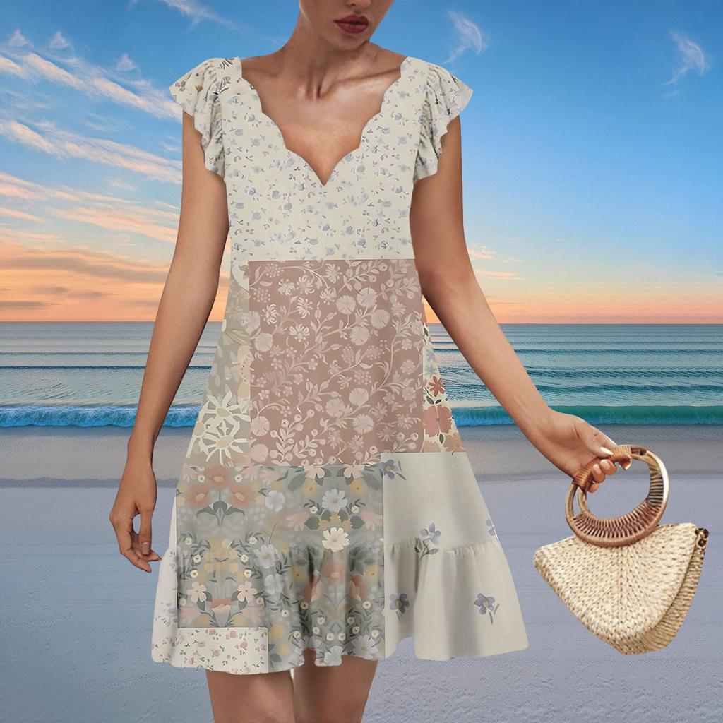 Women's Fashion Casual V Neck Wavy Edge Texture Print Short Sleeve Dress