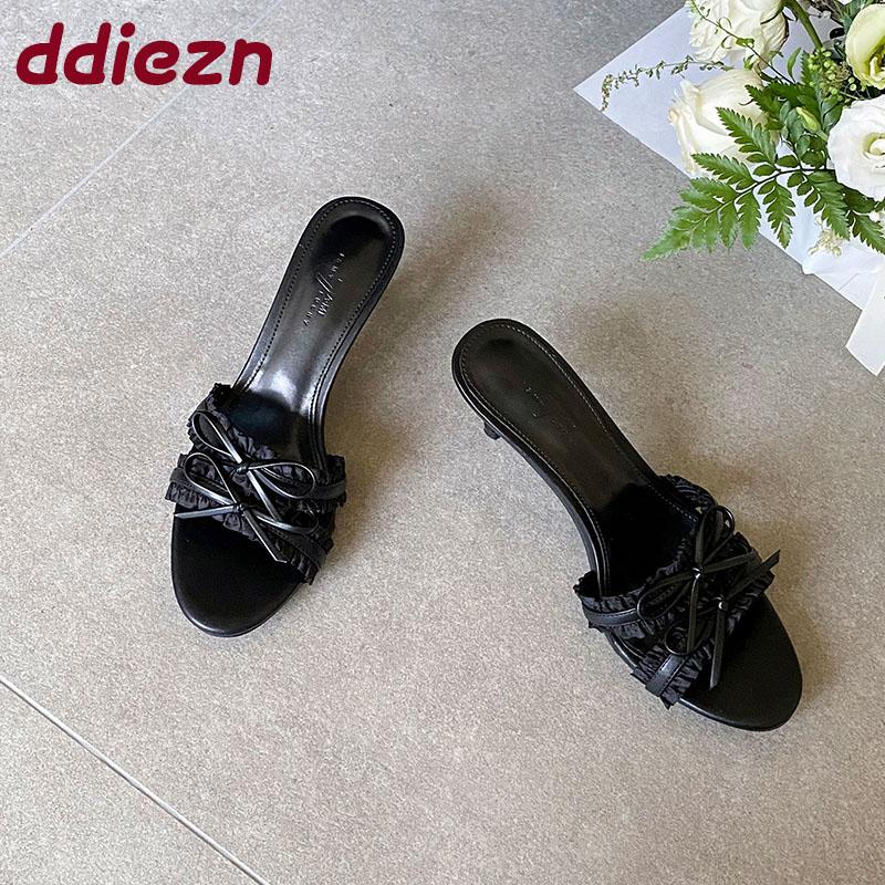 Fashion Fashion Butterfly-Knot Ladies High Heels Slides Sandals Shoes Female Round Toe Footwear Heels Sandals Slip On Shoes For Women
