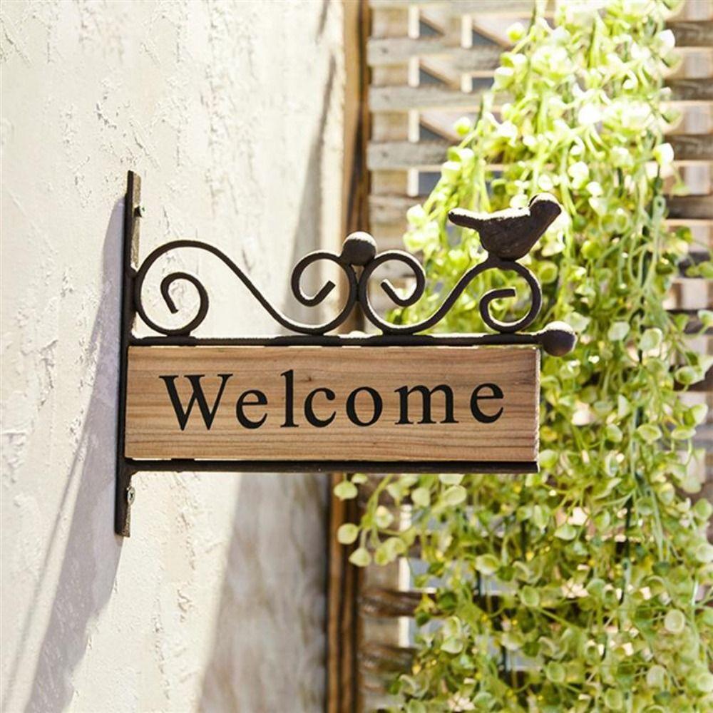 Bird Pattern Wooden Hanging Pendant Iron Art Welcome Wall Hanging Decor  Garden Yard