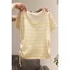 La Chapelle Custard Striped Short-sleeve Knit T-shirt for Women, Summer Design Pleated Waist-cinching Slimming Top