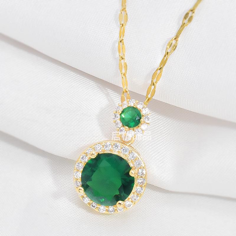 

Ожерелье из титановой стали с изумрудом, женский ретро-трендовый темпераментный комплект с драгоценными камнями, геометрическая подвеска, цепочка на ключицу