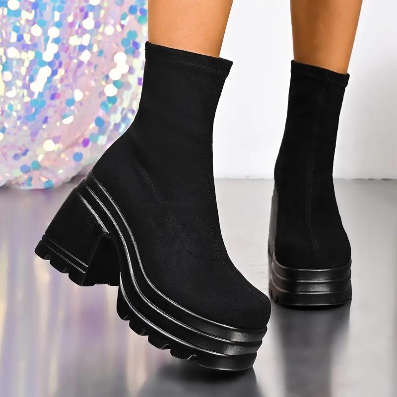 Women's Boots Square Heel 4.5cm Waterproof Platform One Kick Shoes Women Dress 10.5cm Heel High Concise New Zapatillas De Mujer