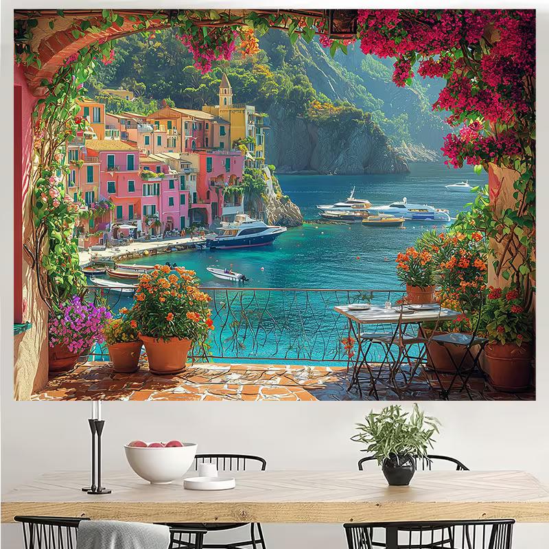 2D Italian Portofino Coastal Town Backdrop, Seaside Balcony Scenery Photography Background Cloth for Studio & Wall Decoration