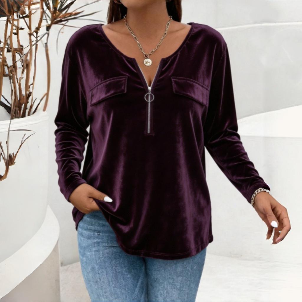 Women's Vintage V-Neck Zipper Front Long Sleeve Pullover Color