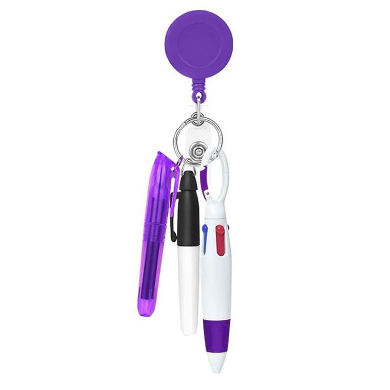 Retractable Badge Reel Pen Set with Highlighter 3-in-1 Ballpoint Pen Portable Multifunctional Stationery for Nurses Office Workers