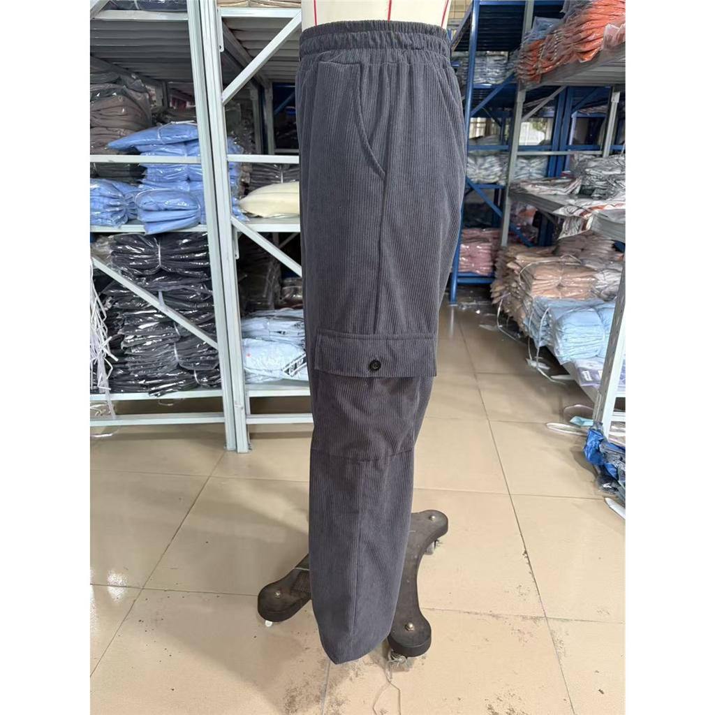 Women Corduroy Cargo Wide Leg Pants Elastic High Waist Casual Loose Multi‑Pocket Flare Trousers For Ladies
