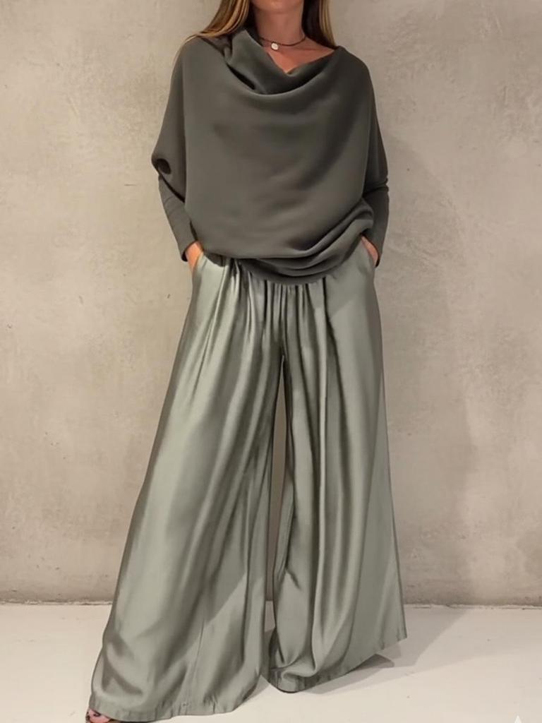 Autumn/Winter 2025 Off-the-Shoulder Satin Top & Wide-Leg Pants Two-Piece Set
