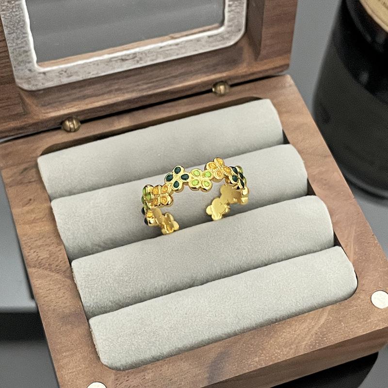 Cute Romantic Purple Four Leaf Zircon Flower Adjustable Rings for Women Gold Color Stainless Steel Jewelry Gift Anillos De Mujer