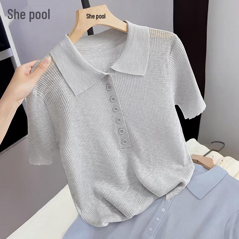 

Women s Elegant Slim Fit Half-Button Knitted Polo Shirt One Size