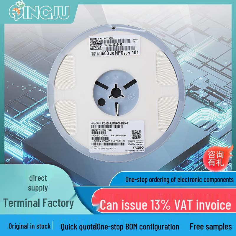 0603 SMD Capacitor, 100pF, 50V, 5% Tolerance, CC0603JRNPO0BN101 Ceramic Component.