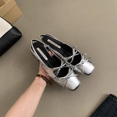 Femmes Argent Nœud Bout Carré Ballerines Design d'Été Talon Femmes Mode Robe Singbacks Chaussures Dames Extérieur Cuir Sandales