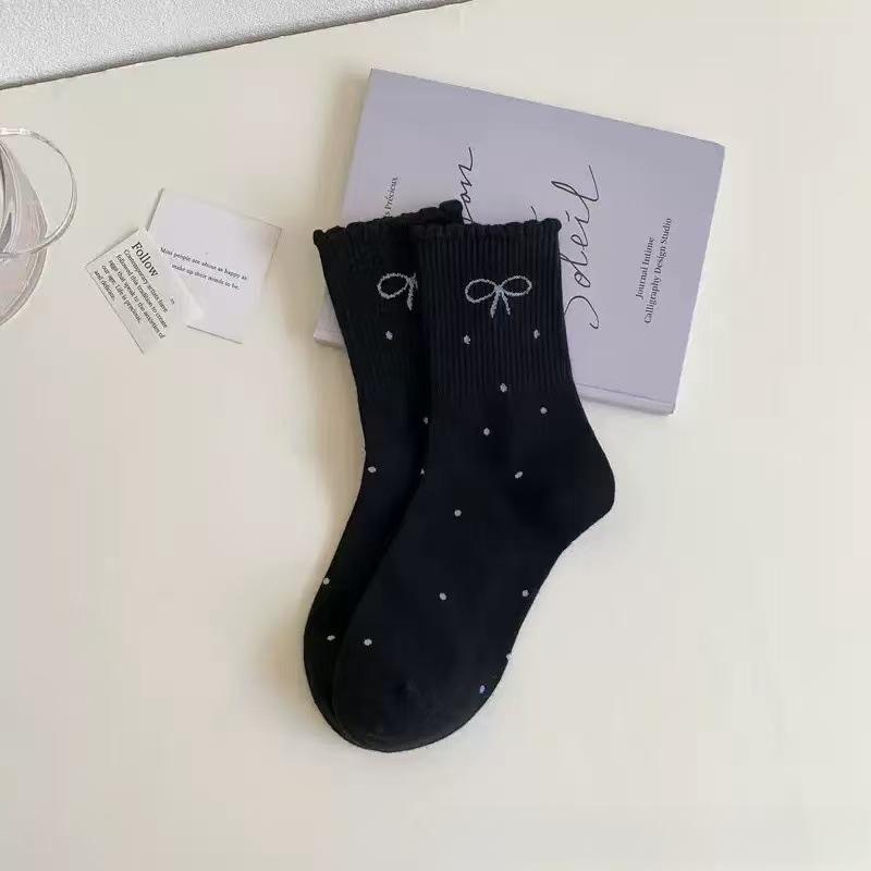 Ladies Spring and Autumn Warm Fashion Polka Dot Bow Lace Stretch Tube Socks