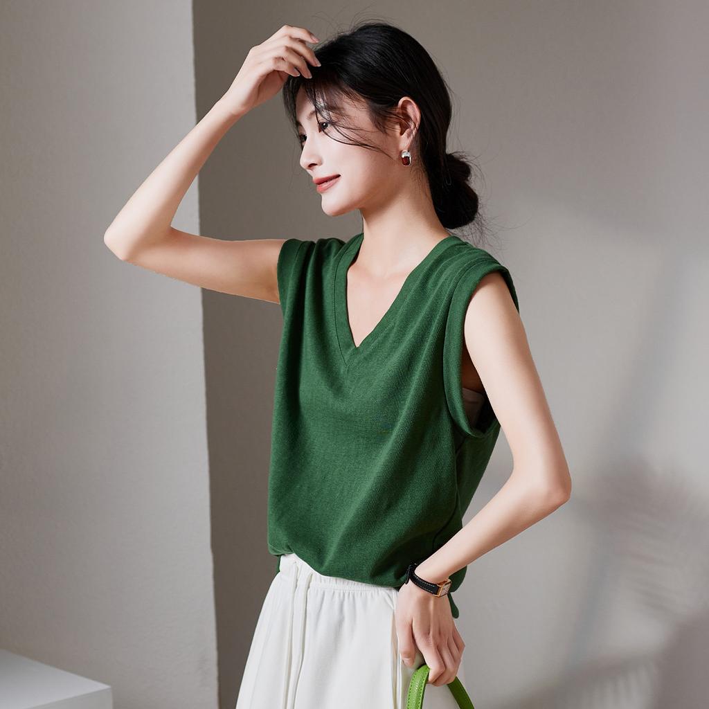 Simple Commuting V-Neck Sleeveless Vest T-Shirt for Women