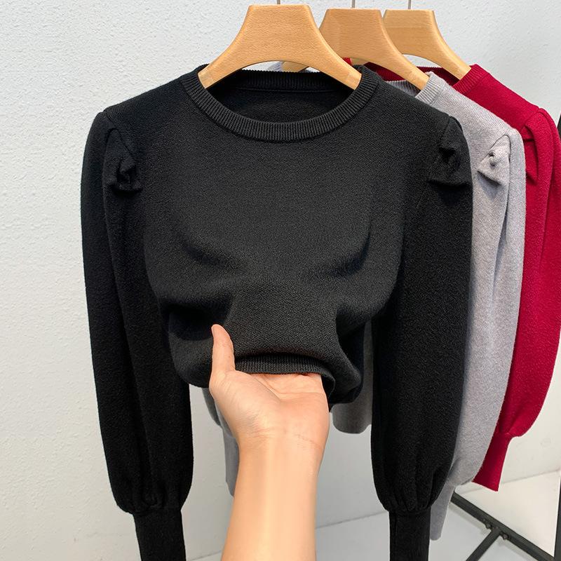 Dam Höst och Vinter Lyktärm Stickad Enfärgad Rundhalsad Botten Kort Tröja