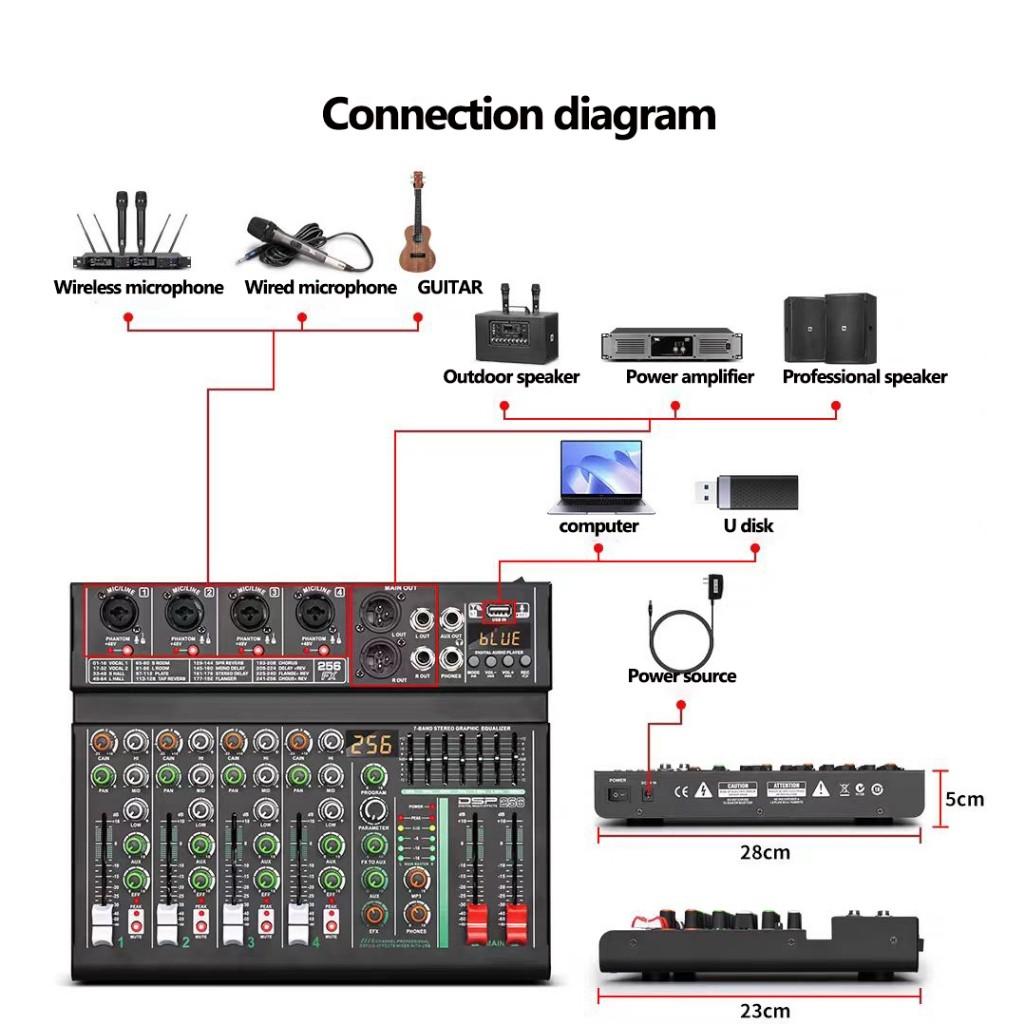 256DSP 4/6 Channel 16 Digital Reverberation Mixer Outdoor USB Sound Card Home KTV Bluetooth Audio System Professional Mixer
