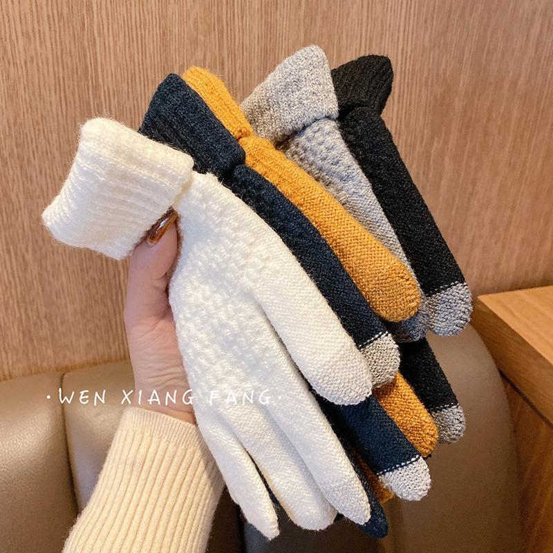 Autumn and Winter Warm Gloves Student Wool Knitted Thickened Velvet Cold Protection Riding Jacquard Finger Gloves Touch Screen Female