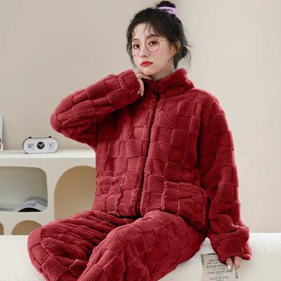 Conjunto de pijama de terciopelo grueso de franela, pijama de terciopelo coral de manga larga de invierno para mujer, ropa cálida y sencilla de color sólido para el hogar
