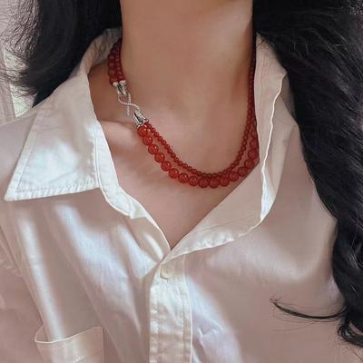 Retro Natural Agate Niche Pigeon Blood Red New Year'S Red Chalcedony Double-Layer Multi-Wearing Necklace