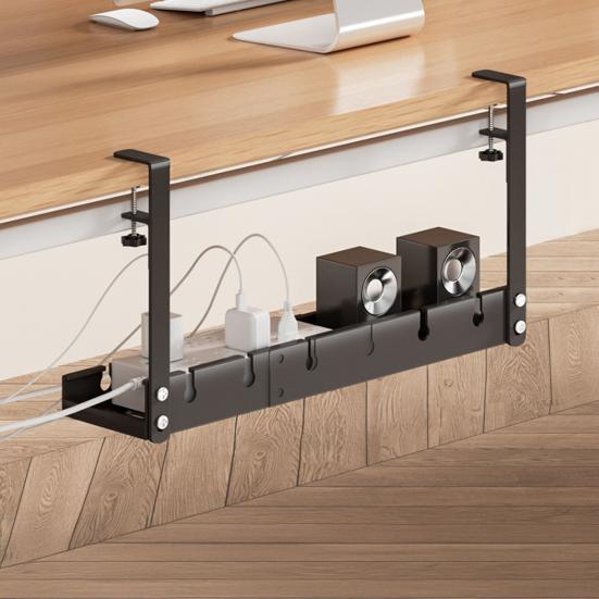 Under Desk Cable Organizer Large Capacity Cable Storage Rack Clip-On Installation Retractable Carbon Steel Cable Management Tray