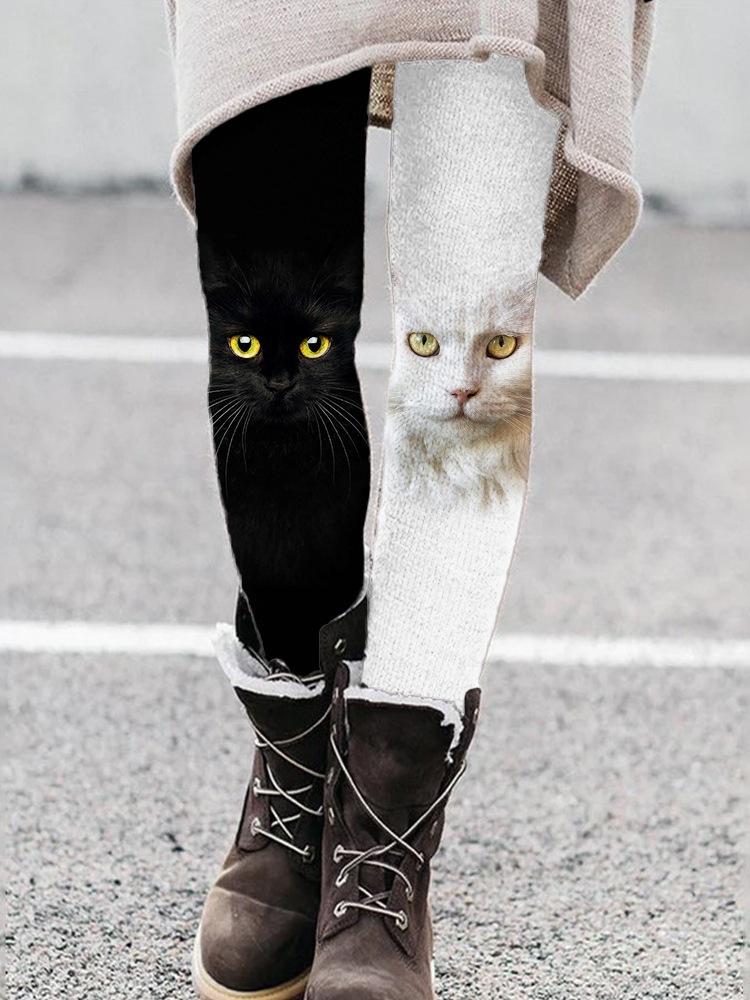 Women's High Waist Yoga Leggings Slim Fit Streetwear Cat Digital Print Stretch Fitness Workout Pants
