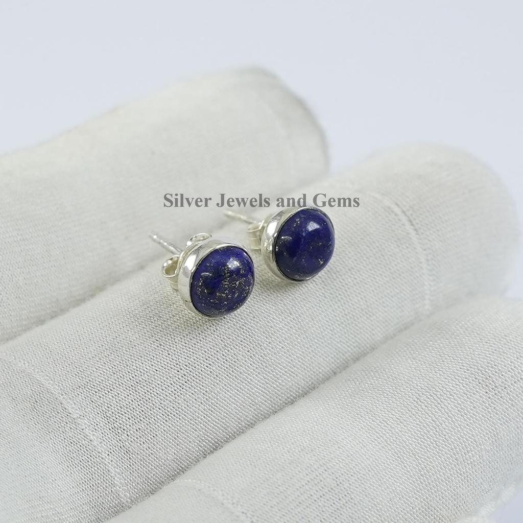 Lapis Lazuli Stud Earring, 925 Sterling Silver Earring, Tiny Round Stud Earring, Birthday Earring, Handmade Jewelry, Minimalist Earring