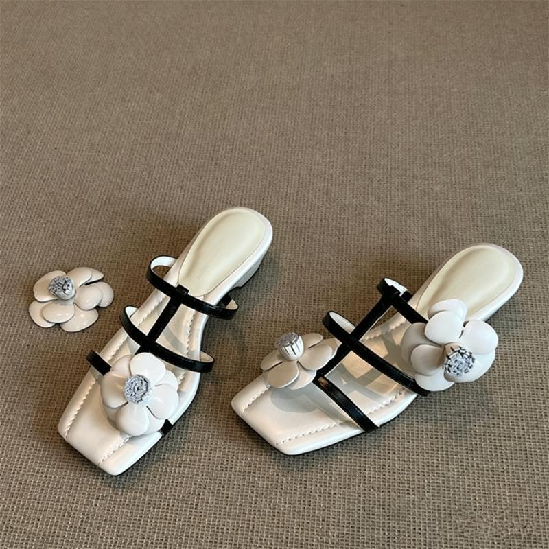 2026 Summer Flowers Shoes Women Sandals Middle Heels 4cm Elegant Ladies Heel Sandals Soft Comfortable Daily Shoes