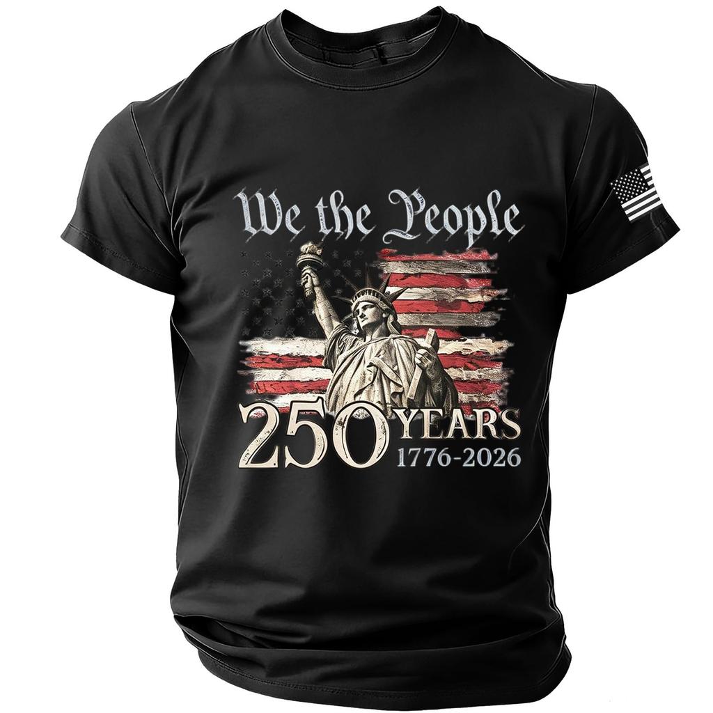Męska koszulka z krótkim rękawem i okrągłym dekoltem z nadrukiem Statuy Wolności i flagi We The People 250 lat 1776 2026