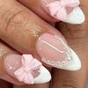 24Pcs Pink Bow Women Press on Nails, Faux Pearl Almond Stick-on Fake Nails, French Tip Glue on False Nails for Office Date Party Wedding