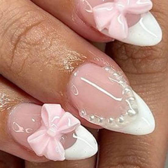 24Pcs Pink Bow Women Press on Nails, Faux Pearl Almond Stick-on Fake Nails, French Tip Glue on False Nails for Office Date Party Wedding