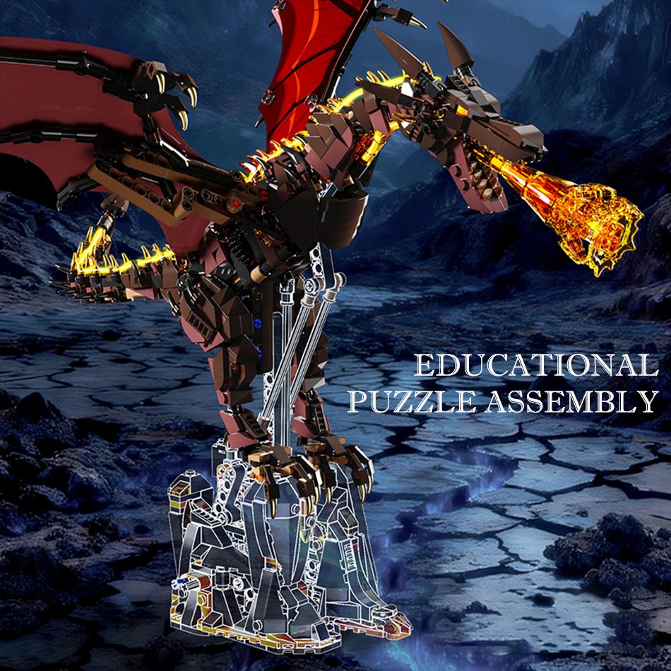 MOC Mechanical Fire Dragon Building Blocks Medieval Thrones Flame Dragon with Motor Bricks Toy for Kids Birthday Gift Home Decor