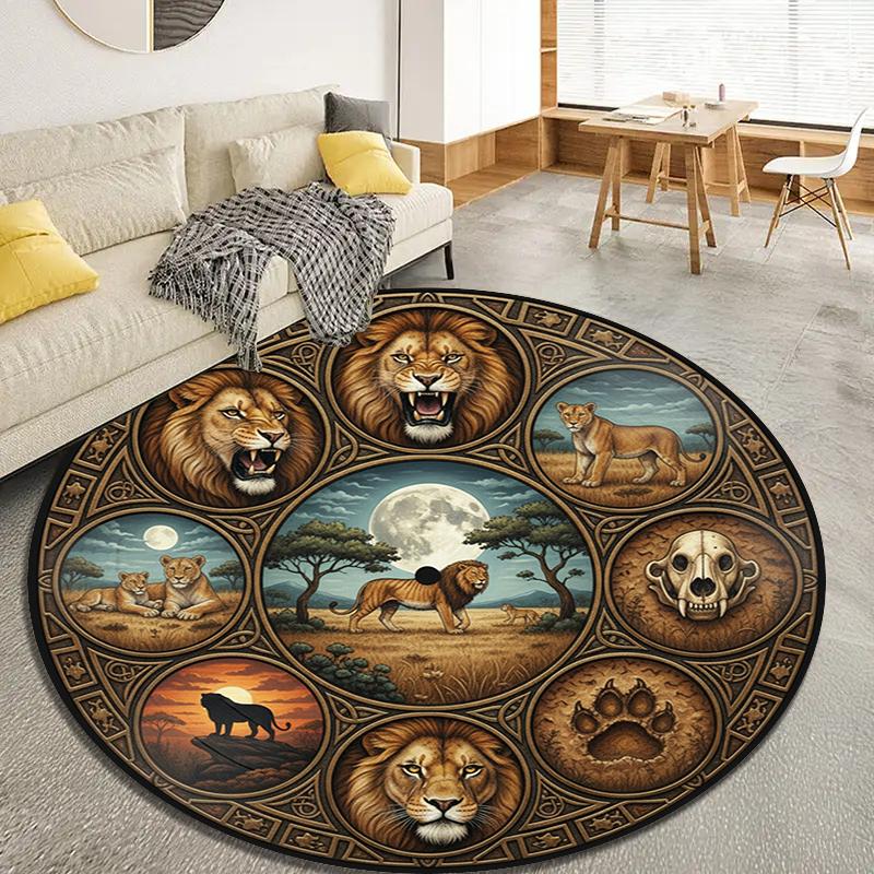 Retro Mandala Lion Round Area Rug,Carpet Rug for Living Room Bedroom Sofa Playroom Decor,Non-slip Floor Mat Q0037