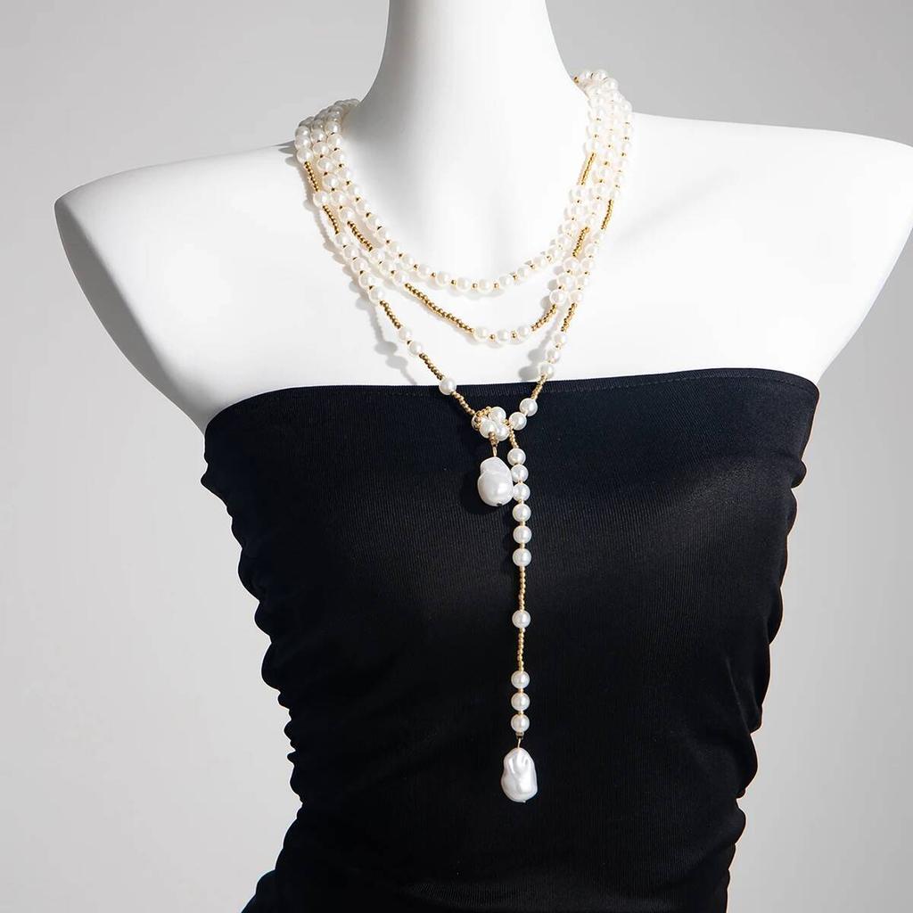 KunJoe Elegant Multi Layer Imitation Pearl Choker Necklace for Women Bridal Luxury Long Tassel Pendant Necklace Wedding Jewelry