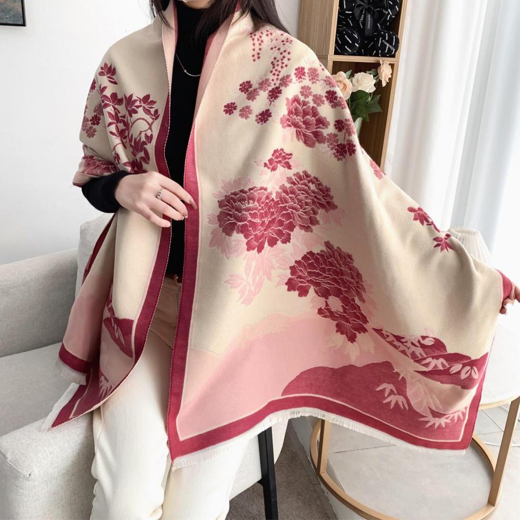 Women's Winter Ink Painting Scarf Shawl - High-End Imitation Cashmere, Knitted for Warmth and Style