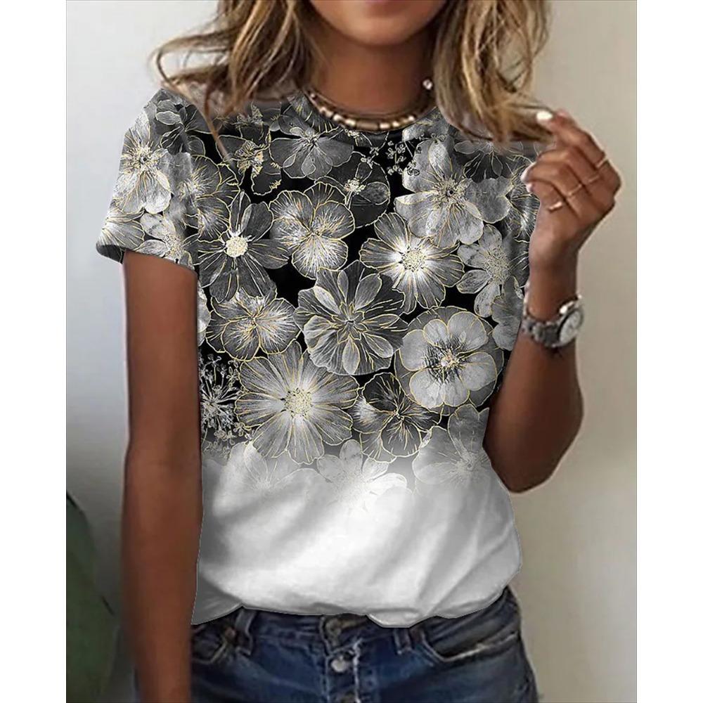 Summer Flower 3D Printed T-shirt Fashion Women s Round Neck Short Sleeve T-shirt Harajuku XS