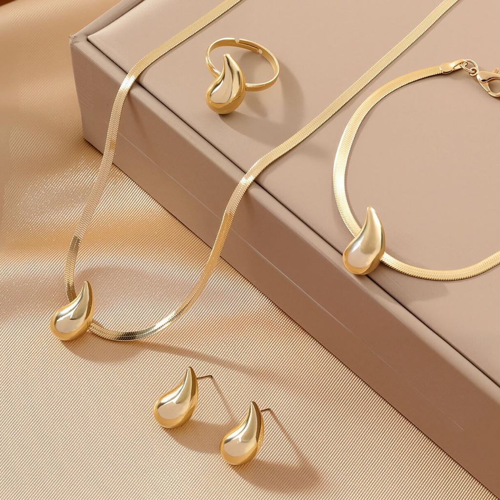 European and American Light Luxury Water Drop Gold Blade Chain Necklace, Earrings, Open Ring, bracelet4Versatile Accessory Set
