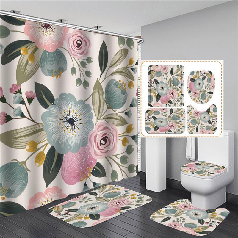 Pink Flowers Rose Elegant Printed Shower Curtain Set Waterproof Women Bathing Bathroom Pedestal Rug Lid Carpet Cortina Ducha