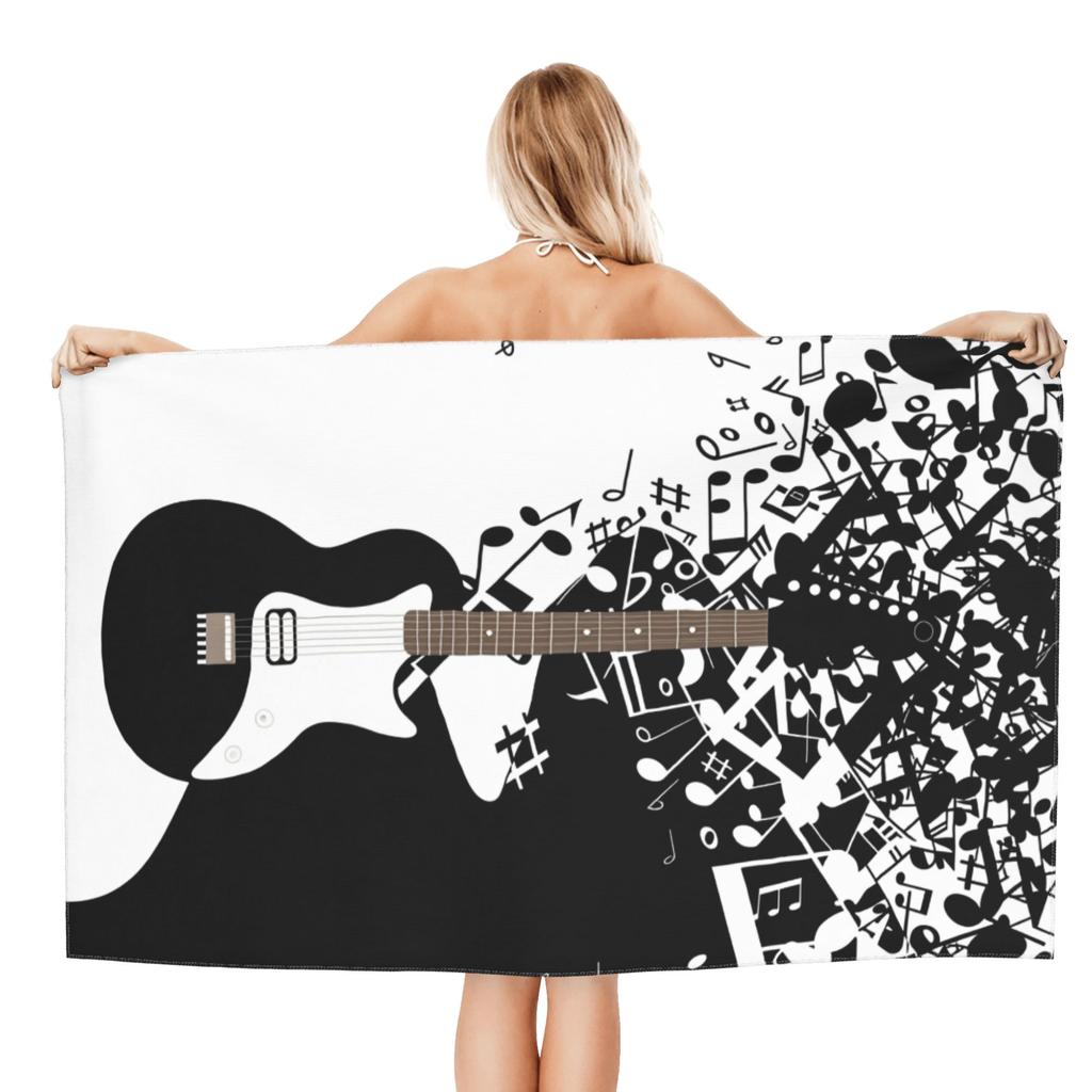 Asciugamano da Spiaggia con Motivo di Note di Chitarra Bianco e Nero a Tema Musicale Poliestere Ultra-Fine a Maglia Rapida Lavabile in Lavatrice