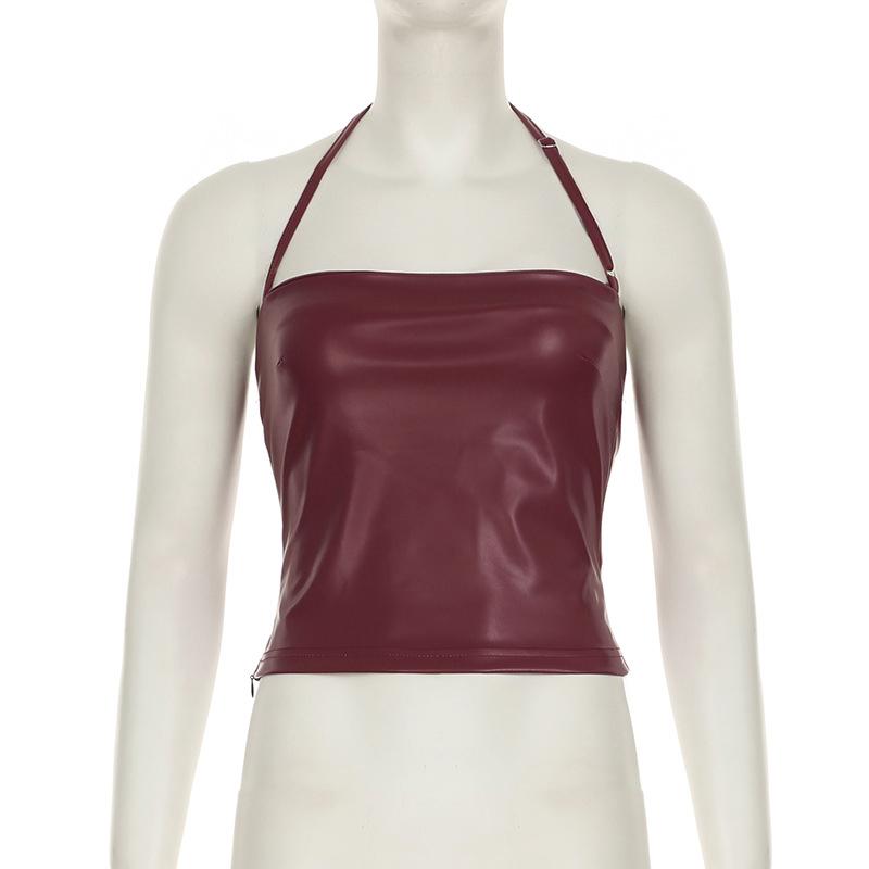 Modny top na szyję z PU Retro Czerwony Obcisły Skóra ekologiczna Bluzki na ramiączkach Koreański Clubwear Letni Y2K Kamizelka Streetwear