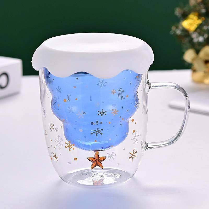 Double Layer Insulated Christmas Cup with Lid Coffee Cup High Borosilicate Glass Cup Wholesale with Handle Glass Decorative Cup