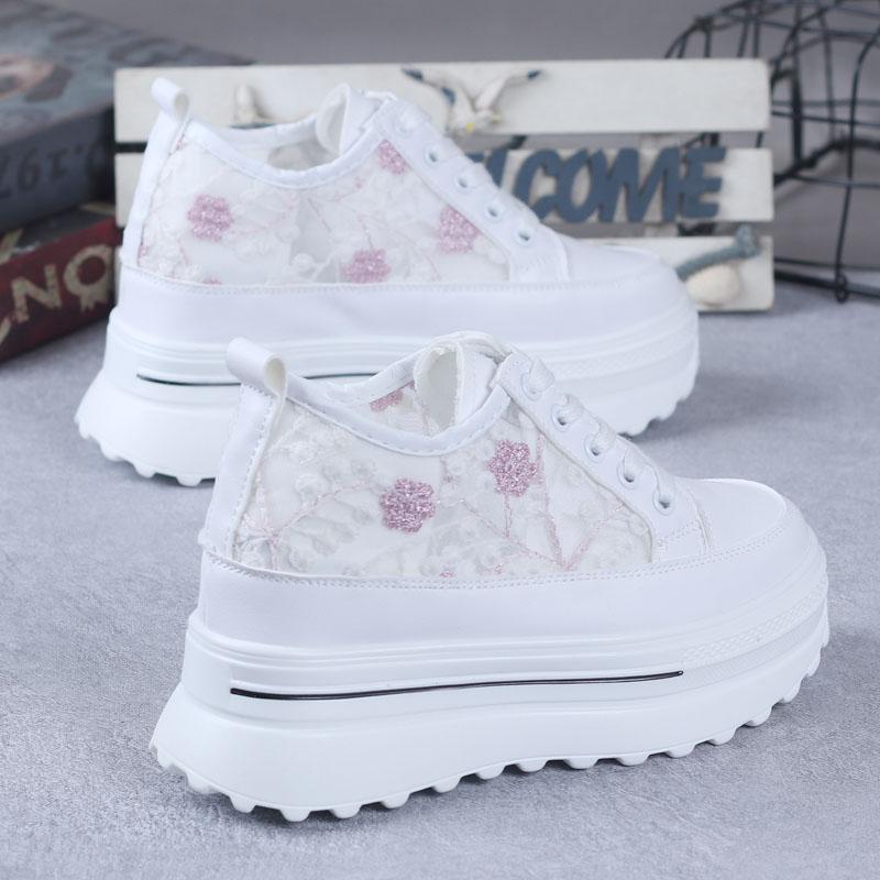 8CM Platform Heel Wedge Shoes Sneakers Pumps White Platform Air Mesh Hollow Pumps Shoes Women Zapatos De Mujer