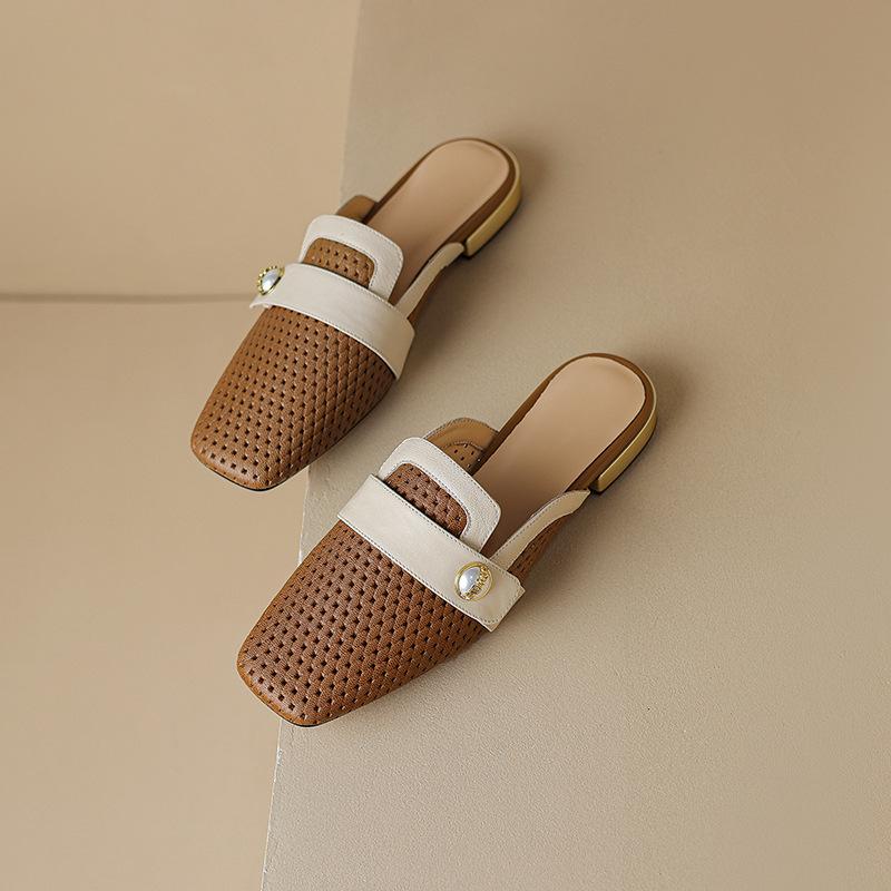 

French breathable hollow bag head half slippers women s 2025 spring and summer new round head sandals lazy shoes Muller shoes single shoes 35