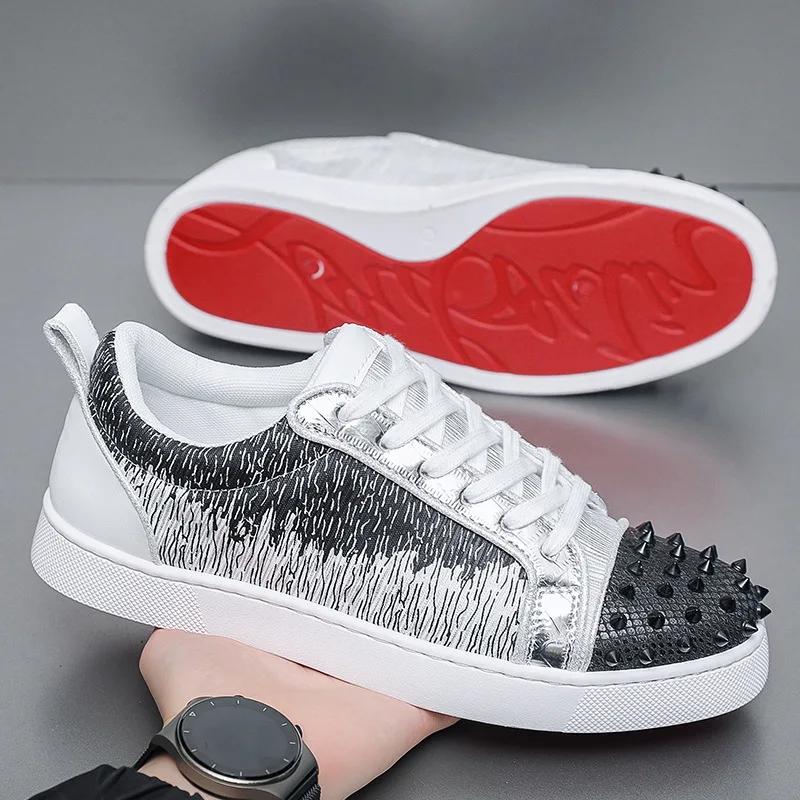 Sneakers Casual Men Designer Rivet Bling Punk Board Shoes Fashion Microfiber Leather Fabric Height Increased Flat Platform Shoes