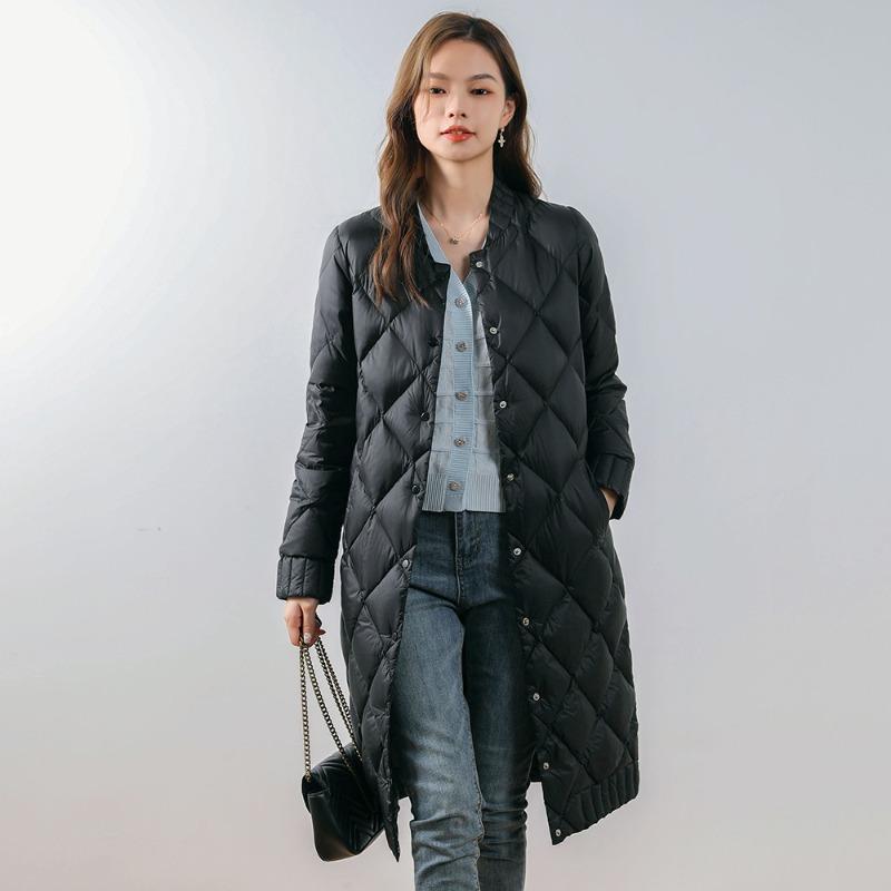 Women's 90-down light and thin down round neck rhombus medium and long women's clothing light and thin down jacket