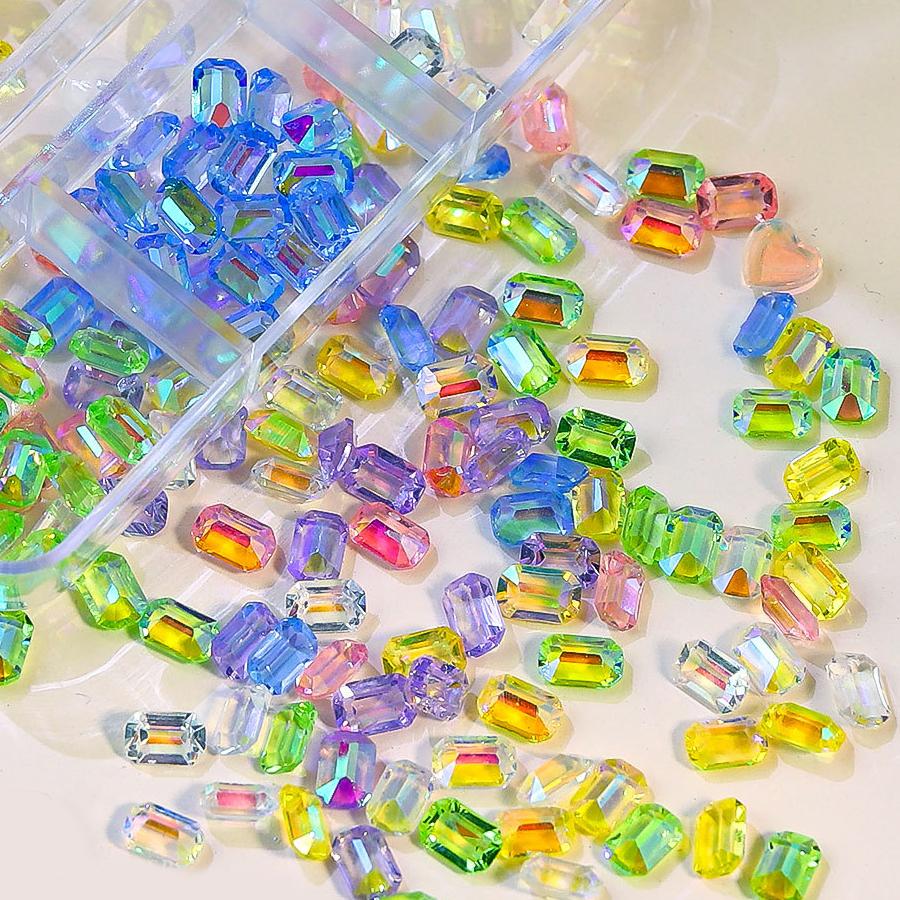 100Pcs Aurora Mixed Color Rhinestones, Holographic Ice Cube Hearts Nail Art Decorations for Dazzling Manicures