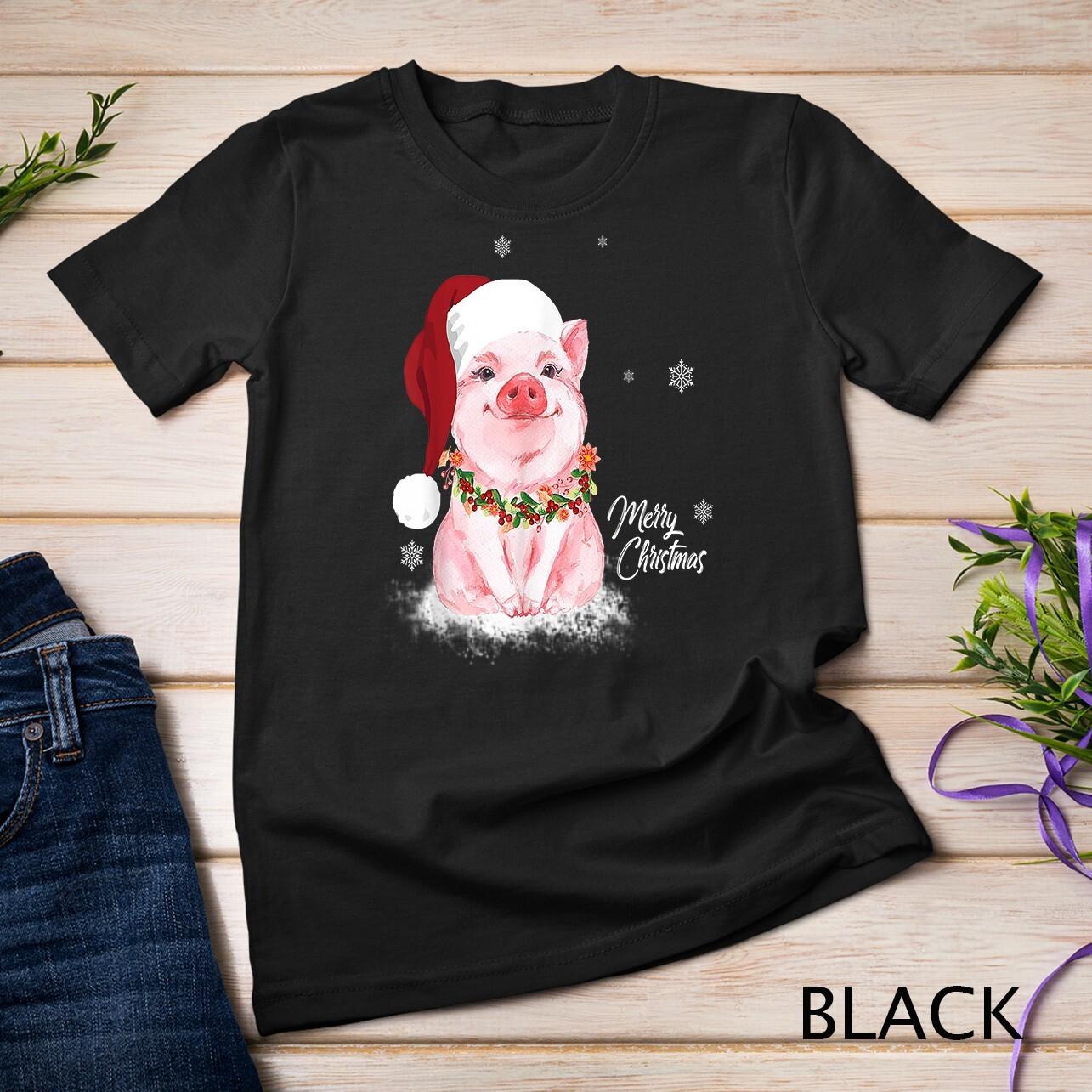 Cute Pig Santa Hat Merry Christmas Pig Lover Gifts Unisex T-Shirt Mens Womens Tees Top XL