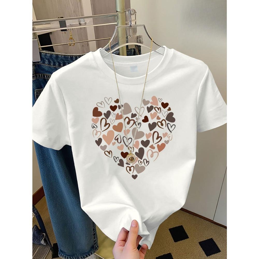 

Women s T-Shirt with Heart Necklace Design Short Sleeve Round Neck Colorful Heart Print Comfort Fit for Women Top Casual Wear M