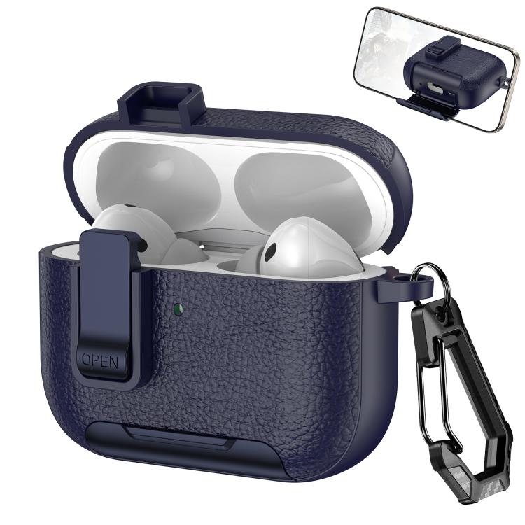 

Шкіряний чохол для бездротових навушників AirPods Pro 3 з текстурою, гачком та тримачем For AirPods Pro 3 темно-синього кольору