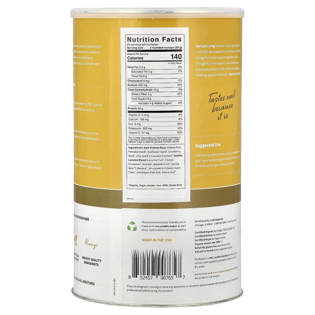 Epic Protein®, Ekologiskt Växtprotein + Superfoods, Vanilj Lucuma, 912G (2 pund)