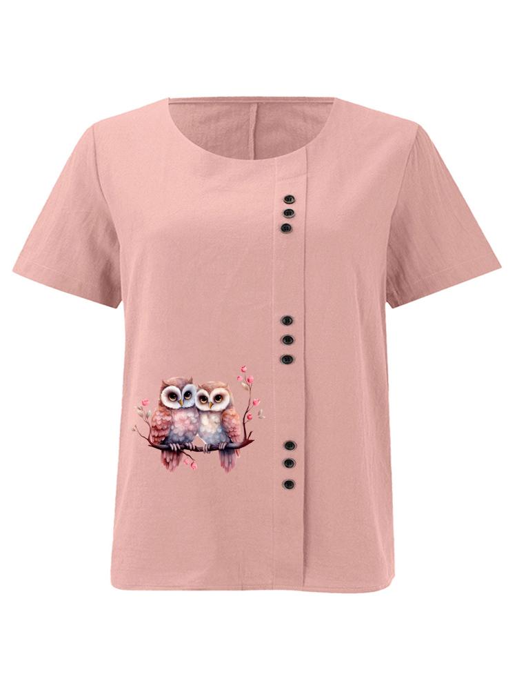 

Women s Fashion Couple Owl Print Shot Sleeve T-shirt Loose Cotton Shirt Casual Loose Summer Blouse Tops Plus Size S розовый